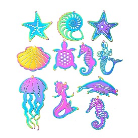 Ion Plating(IP) 201 Stainless Steel Etched Metal Embellishments Pendants, Rainbow Color, Sea Animals Charm