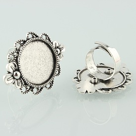 Vintage Adjustable Iron Finger Ring Components Alloy Flower Cabochon Bezel Settings, Cadmium Free & Lead Free, Flat Round Tray: 20mm, 17mm