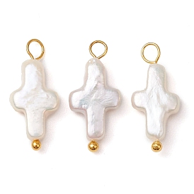 Natural Keshi Pearl Pendants, with Brass Ball Head Pins, Cross Charms