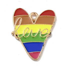 Rainbow Color Alloy Enamel Pendants, Heart with Word Love Charms, Light Gold