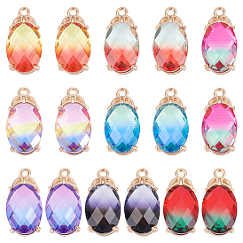 16Pcs 8 Colors Rack Plating Brass Micro Pave Clear Cubic Zirconia Pendants, with Faceted Glass, Long-Lasting Plated, Cadmium Free & Lead Free, Oval