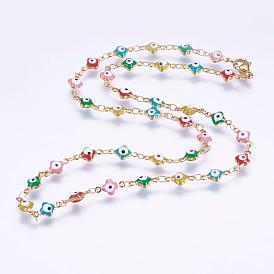 304 Stainless Steel Chain Necklaces, with Enamel and Lobster Claw Clasps, Ion Plating (IP), Flower with Evil Eye