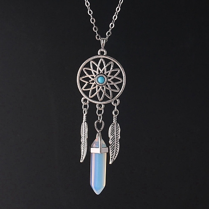Platinum Aolly Web with Feather Shape Alloy Pendant Necklace, Natural & Synthetic Mixed Gemstone Bullet Necklace