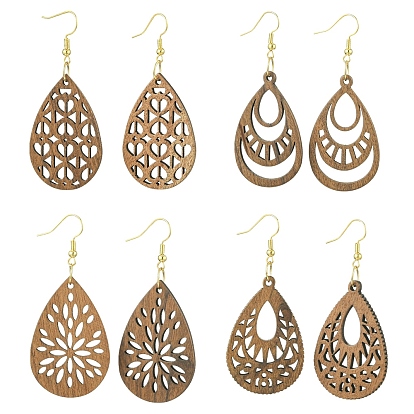 8 пары 4 стиль 304 серьги с подвесками из нержавеющей стали, с подвесками в форме капли из дерева, золотые