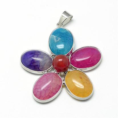 Natural Agate Big Pendants, with Brass Findings, Dyed, Flower