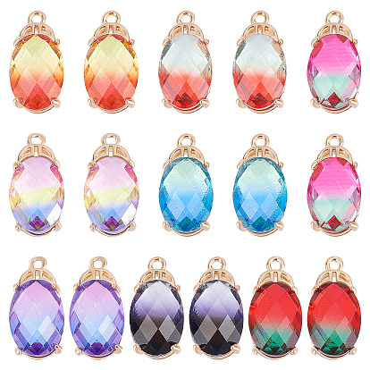 16Pcs 8 Colors Rack Plating Brass Micro Pave Clear Cubic Zirconia Pendants, with Faceted Glass, Long-Lasting Plated, Cadmium Free & Lead Free, Oval