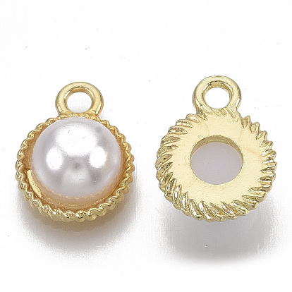 Alloy Pendants, with ABS Plastic Imitation Pearl, Half Round, White