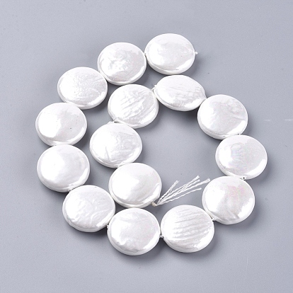 Shell Pearl Beads Strands, Flat Round
