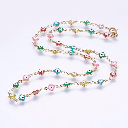 304 Stainless Steel Chain Necklaces, with Enamel and Lobster Claw Clasps, Ion Plating (IP), Flower with Evil Eye