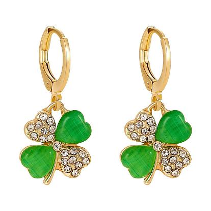 Four Leaf Clover Hoop Earrings Alloy Huggie Hoop Earrings Green Shamrock Hoop Earrings Rhinestone Hoop Earrings St Patrick's Day Ear Jewelry Gift for Women