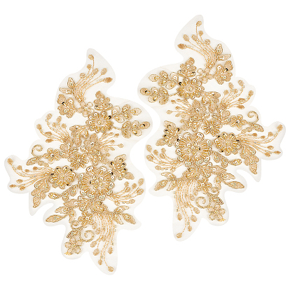 1 Pair 3D Flower Polyester Embroidery Sew on Appliques, with Plastic Beads & Paillette/Sequins, Sewing Craft Decoration for Wedding Dress, Cheongsam