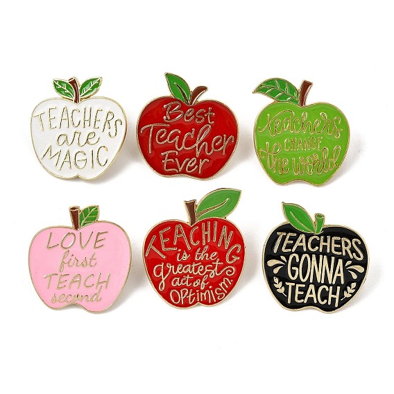 Manzana del Día del Maestro con la frase "Los maestros van a enseñar" (pins esmaltados), Insignia de aleación con cita para mochilas y ropa, dorado