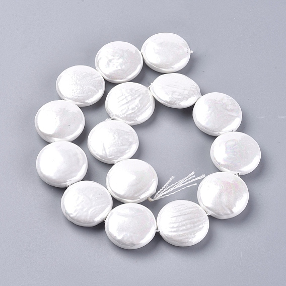 Shell Pearl Beads Strands, Flat Round