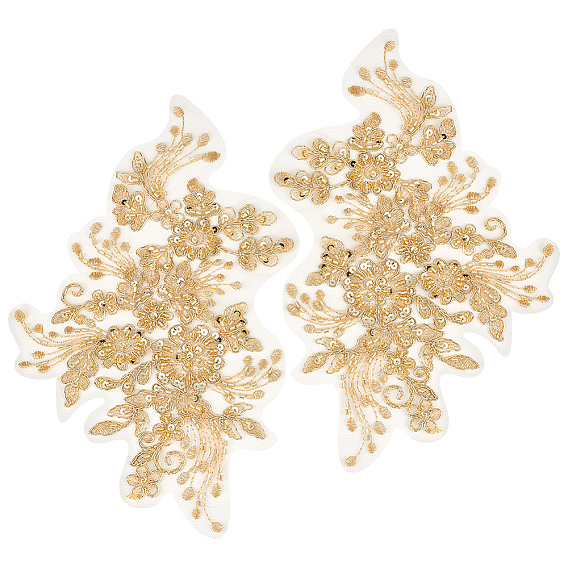 1 Pair 3D Flower Polyester Embroidery Sew on Appliques, with Plastic Beads & Paillette/Sequins, Sewing Craft Decoration for Wedding Dress, Cheongsam