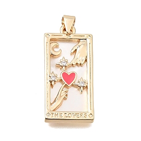 Brass Micro Pave Clear Cubic Zirconia with Pink Enamel Pendants, with Shell, Rectangle with Heart Charms, Rack Plating, Long-Lasting Plated, Cadmium Free & Lead Free