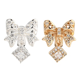 Rack Plating Brass Micro Pave Cubic Zirconia Pendants, Long-Lasting Plated, Lead Free & Cadmium Free, Bowknot with Rhombus