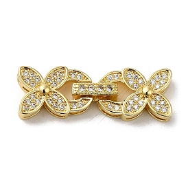 Rack Plating Brass Micro Pave Clear Cubic Zirconia Fold Over Clasps, Cadmium Free & Lead Free, Long-Lasting Plated, Flower