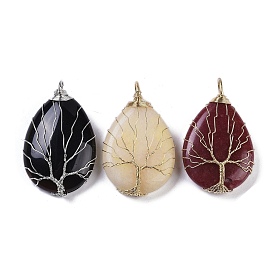 Natural Gemstone Big Pendants, Teardrop Charms with Copper Wire Wrapped Tree