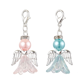 2Pcs 2 Colors Wedding Season Angel Glass Pearl & Acrylic Pendant Decorations, Zinc Alloy Lobster Claw Clasps Charms for Bag Key Chain Ornaments