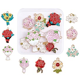 18Pcs Alloy Enamel Flower Pendant, Bouquet Flowers Charm Mixed Shape Pendant for Valentine's Day Gift Jewelry Making Crafts