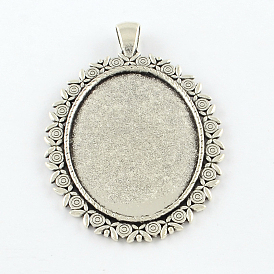 Tibetan Style Oval Alloy Big Pendant Cabochon Settings, Cadmium Free & Lead Free, Tray: 40x30mm, 60x42x3mm, Hole: 7x4mm, about 82pcs/1000g