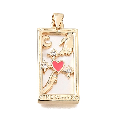 Brass Micro Pave Clear Cubic Zirconia with Pink Enamel Pendants, with Shell, Rectangle with Heart Charms, Rack Plating, Long-Lasting Plated, Cadmium Free & Lead Free