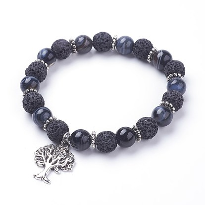 Natural Lava Rock(Dyed) Round Beads Stretch Charm Bracelets, with Natural Striped Agate/Banded Agate Beads, Alloy Pendant, Tree