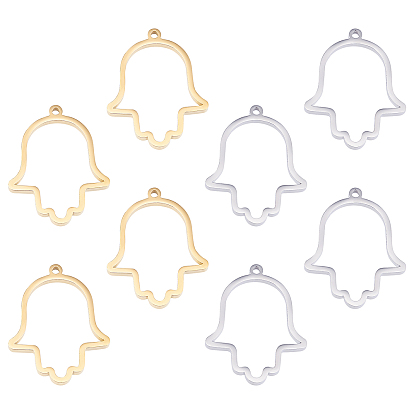 8Pcs 2 Colors 304 Stainless Steel Open Back Bezel Pendants, Double Sided Polishing, For DIY UV Resin, Epoxy Resin, Pressed Flower Jewelry, Hamsa Hand/Hand of Miriam