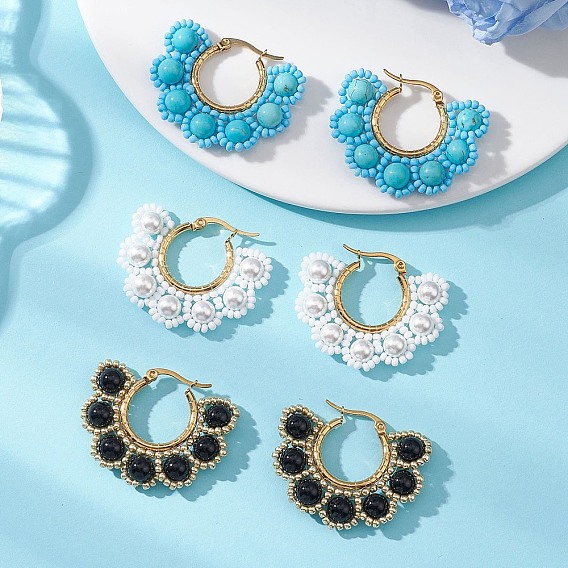 Круглые серьги-кольца с ракушечным жемчугом, синтетической зеленой бирюзой и натуральным черным ониксом, С 304 результатами из нержавеющей стали