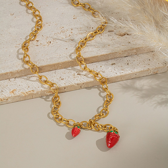 304 Милый кулон с фруктами, красной клубникой и эмалью из нержавеющей стали, ожерелье для женщин