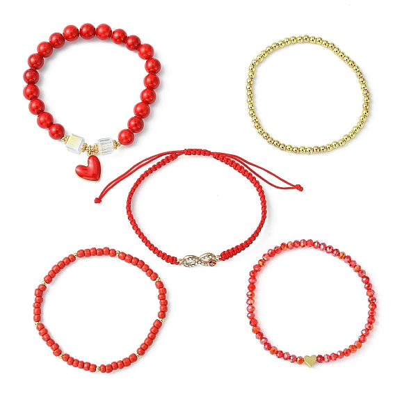 5Pcs 5 Style Glass & Brass Beaded Stretch Bracelets Set, Heart & Infinity Alloy Rhinestone Adjustable Bracelets for Valentine's Day