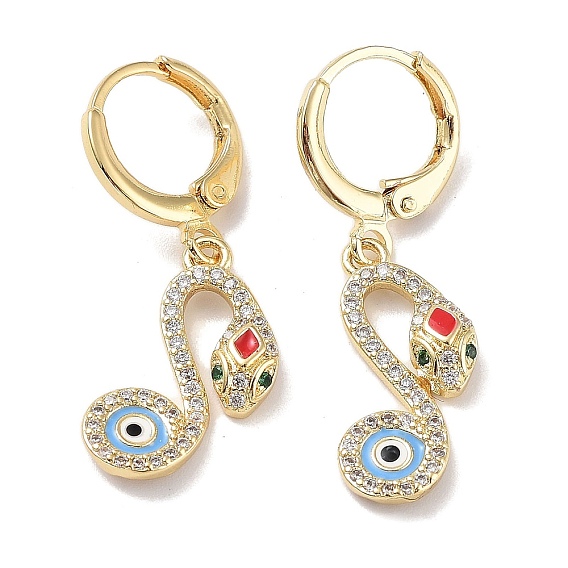Golden Brass Dangle Leverback Earrings, with Enamel and Cubic Zirconia, Snake with Evil Eye