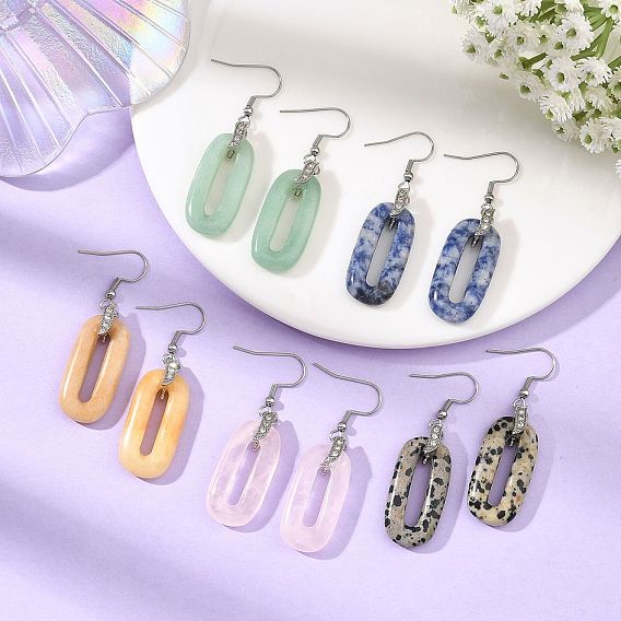 304 Pendientes colgantes de acero inoxidable, oval, Pendientes colgantes de barras y piedras preciosas naturales mixtas, Platino
