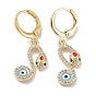 Golden Brass Dangle Leverback Earrings, with Enamel and Cubic Zirconia, Snake with Evil Eye