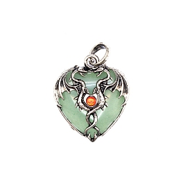 Gemstone Pendants, Heart Charms with Antique Silver Plated Metal Dragon