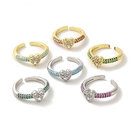 Rack Plating Brass Micro Pave Cubic Zirconia Cuff Rings, Long-Lasting Plated, Lead Free & Cadmium Free, Heart