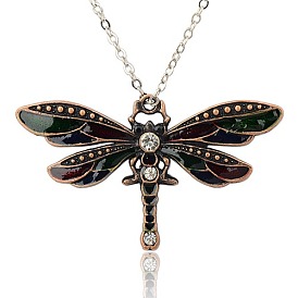 Vintage Red Copper Alloy Enamel Pendants, with Rhinestone, Dragonfly, Nickel Free, 42x72.5x5mm, Hole: 3mm