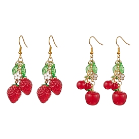 2 paires 2 boucles d'oreilles pendantes en verre style cerise et fraise, boucles d'oreilles en grappe