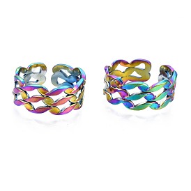 304 Stainless Steel Wave Wrapped Cuff Ring, Rainbow Color Open Ring for Women