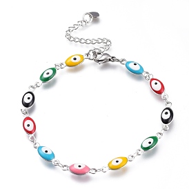 304 Stainless Steel Link Bracelets, with Enamel and Lobster Claw Clasps, Evil Eye, Colorful
