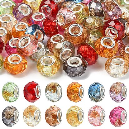 60Pcs 12 Colors Transparent Resin Rondelle European Beads, with Gold Foill & Silver Tone Brass Double Cores, Large Hole Beads