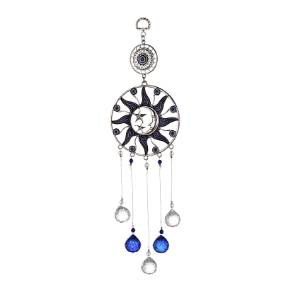Alloy Flat Round & Sun & Moon Turkish Blue Evil Eye Pendant Decoration, with Crystal Ceiling Chandelier Ball Prisms, for Home Wall Hanging Amulet Ornament