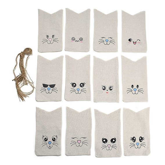 12шт. 12 стили мешочки из мешковины с милым пасхальным кроликом, мешочки на завязках, прямоугольные, с 12шт. льняными завязками