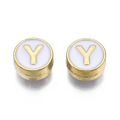 Letter Y Alloy Enamel Beads, Cadmium Free & Lead Free, Light Gold, Flat Round with Alphabet, White, Letter.Y, 8x4mm, Hole: 1.5mm