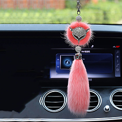 Pink Faux Fox Fur & Rhinestone Fox Pendant Decoration, for Car Rear View Mirror Hanging Decoration, Pink, 370mm