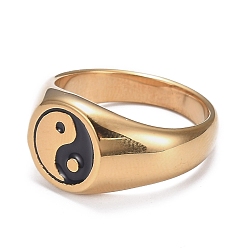 Real 18K Gold Plated Ion Plating(IP) 304 Stainless Steel Finger Rings, Yin Yang Ring, with Enamel, Gossip, Real 18K Gold Plated, Size 8, Inner Diameter: 18.2mm