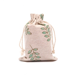 Tan Leaf Print Burlap Packing Pouches, Drawstring Bags, for Presents, Party Favor Gift Bags, Rectangle, Tan, 13x10cm