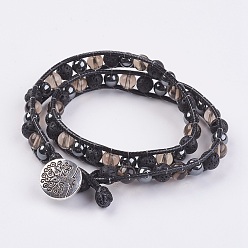 Smoky Quartz Natural Lava Rock and Smoky Quartz and Hematite Beads Wrap Bracelet, with Tibetan Style Clasp, Flat Round with Tree of Life, 14-1/8 inch(36cm), 10x6~7mm