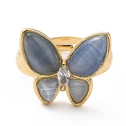 Steel Blue Cat Eye Butterfly Adjustable Ring with Clear Cubic Zirconia, Real 18K Gold Plated Brass Jewelry for Women, Cadmium Free & Lead Free, Steel Blue, Inner Diameter: 18~21mm