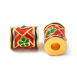 Red Alloy Enamel Beads, Rack Plating, Column with Flower Pattern, Matte Gold Color, Red, 10x7.5mm, Hole: 3mm